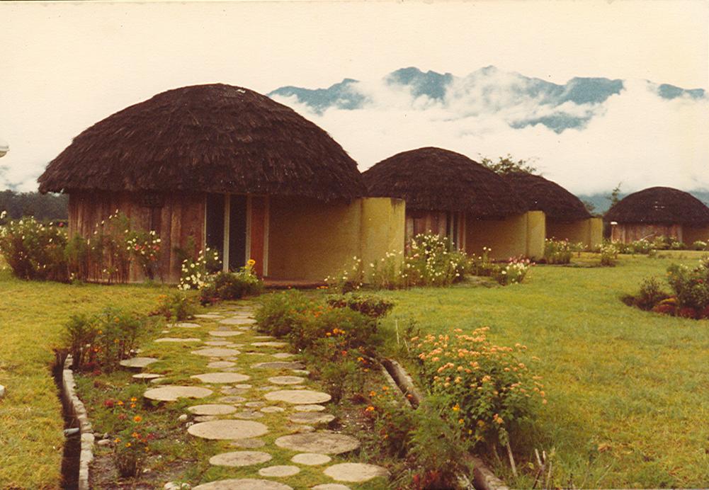 BD/269/297 - 
Nette dorpshutten met gemaaid grasveld en bloemperken
