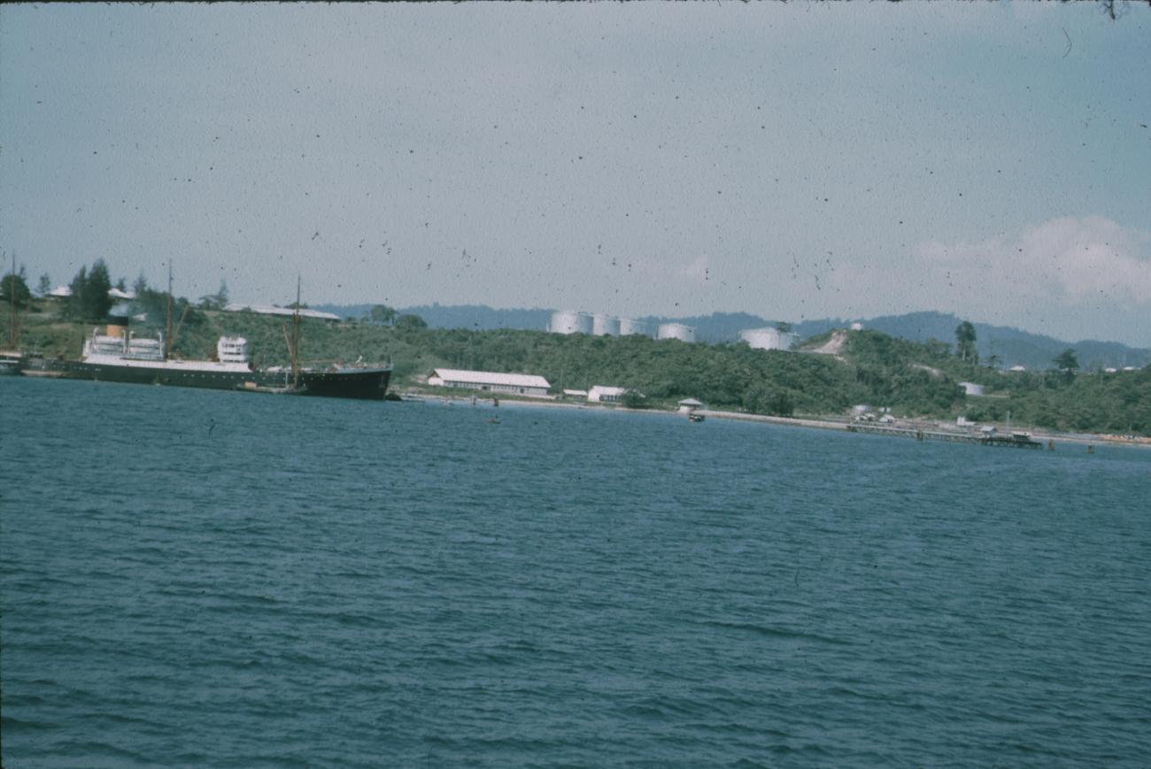 BD/171/480 -
Vrachtschip in haven, reservoirs op achtergrond.