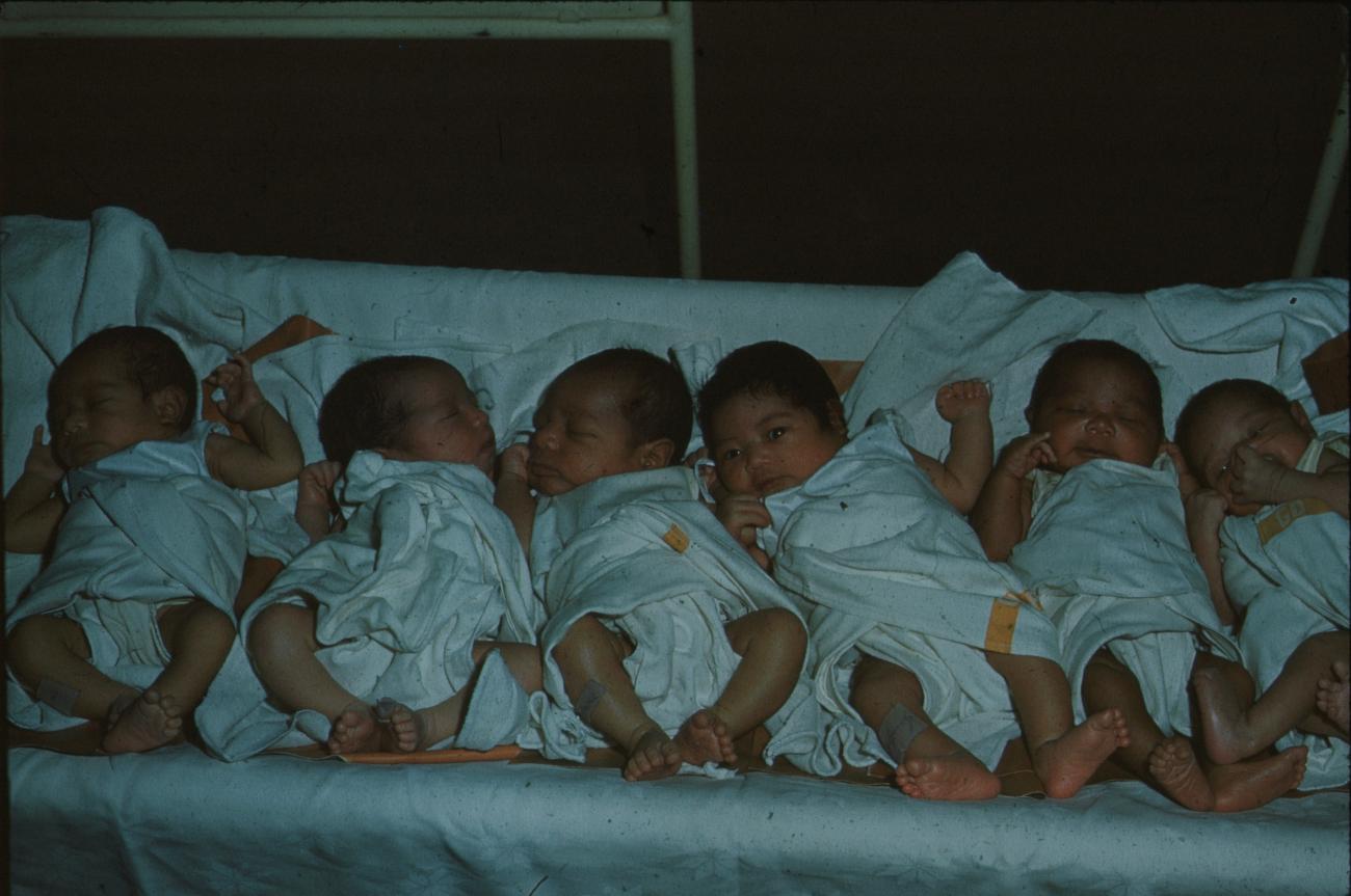 BD/171/880 -
Zes babies op een rij in ziekenhuis